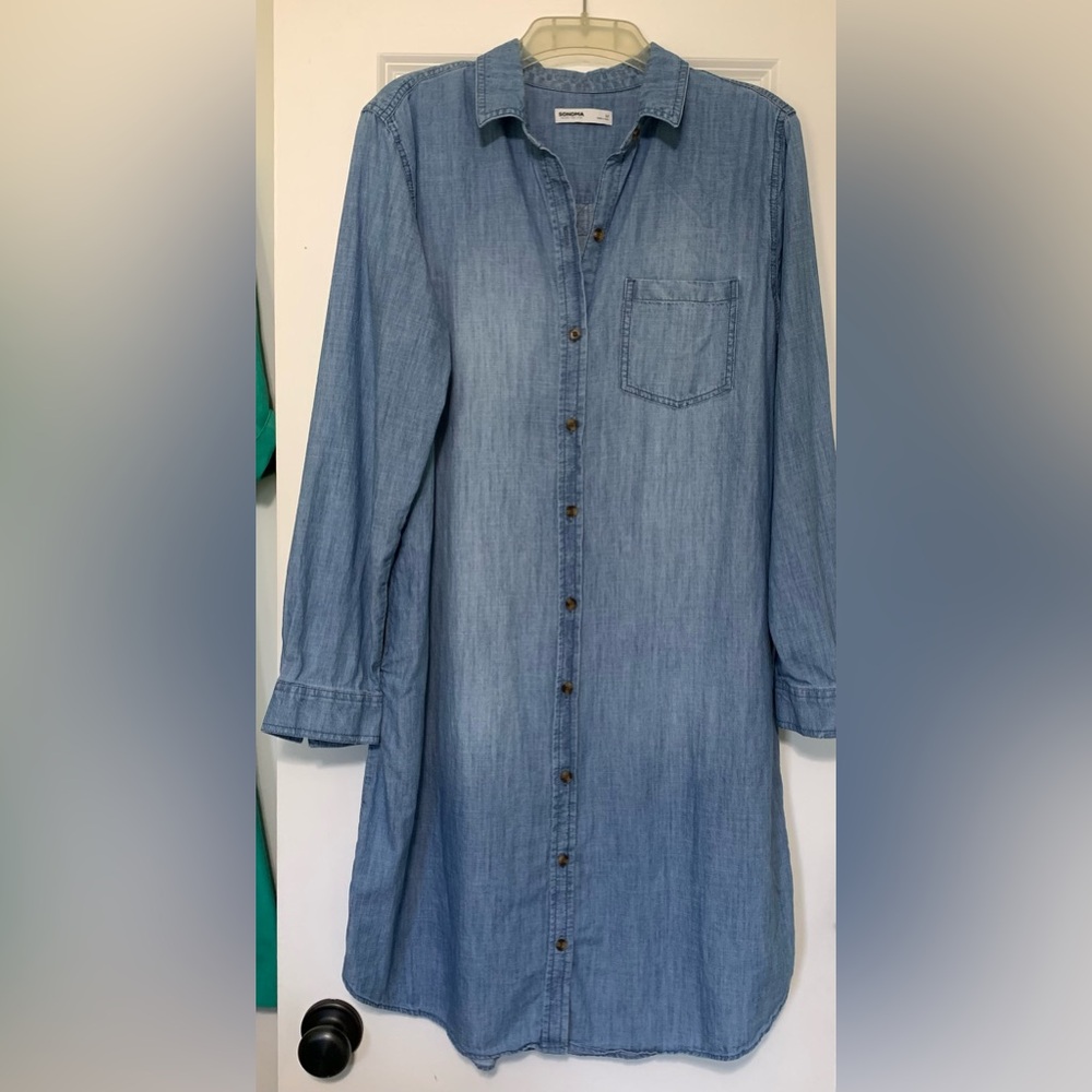 Chambray M Sonoma Shirt Dress Overshirt Denim Look Long Sleeves Collar